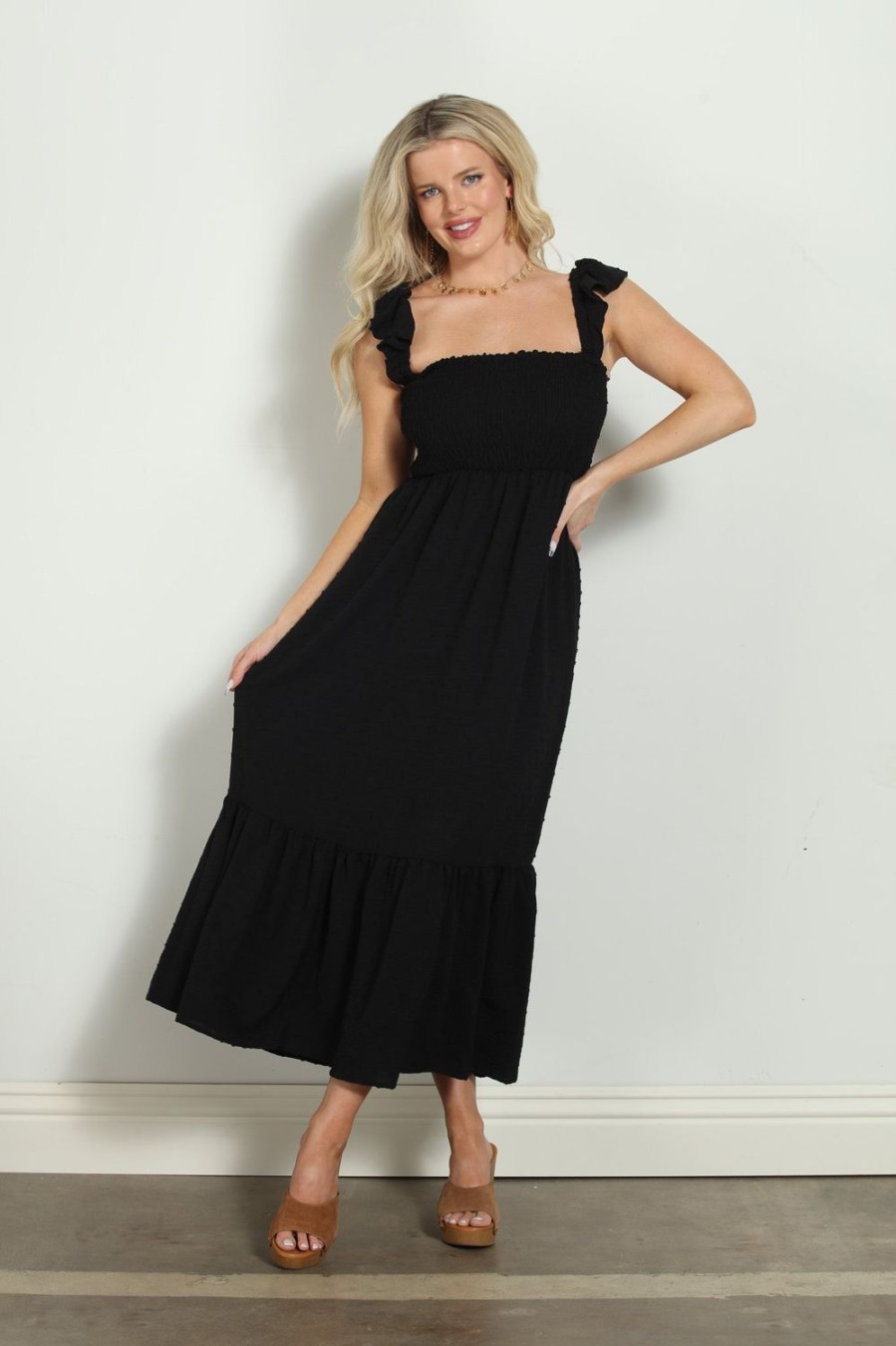 Clothing Veronica M Maxi Dresses | Black Airflow Smocked Tank Maxi Dress