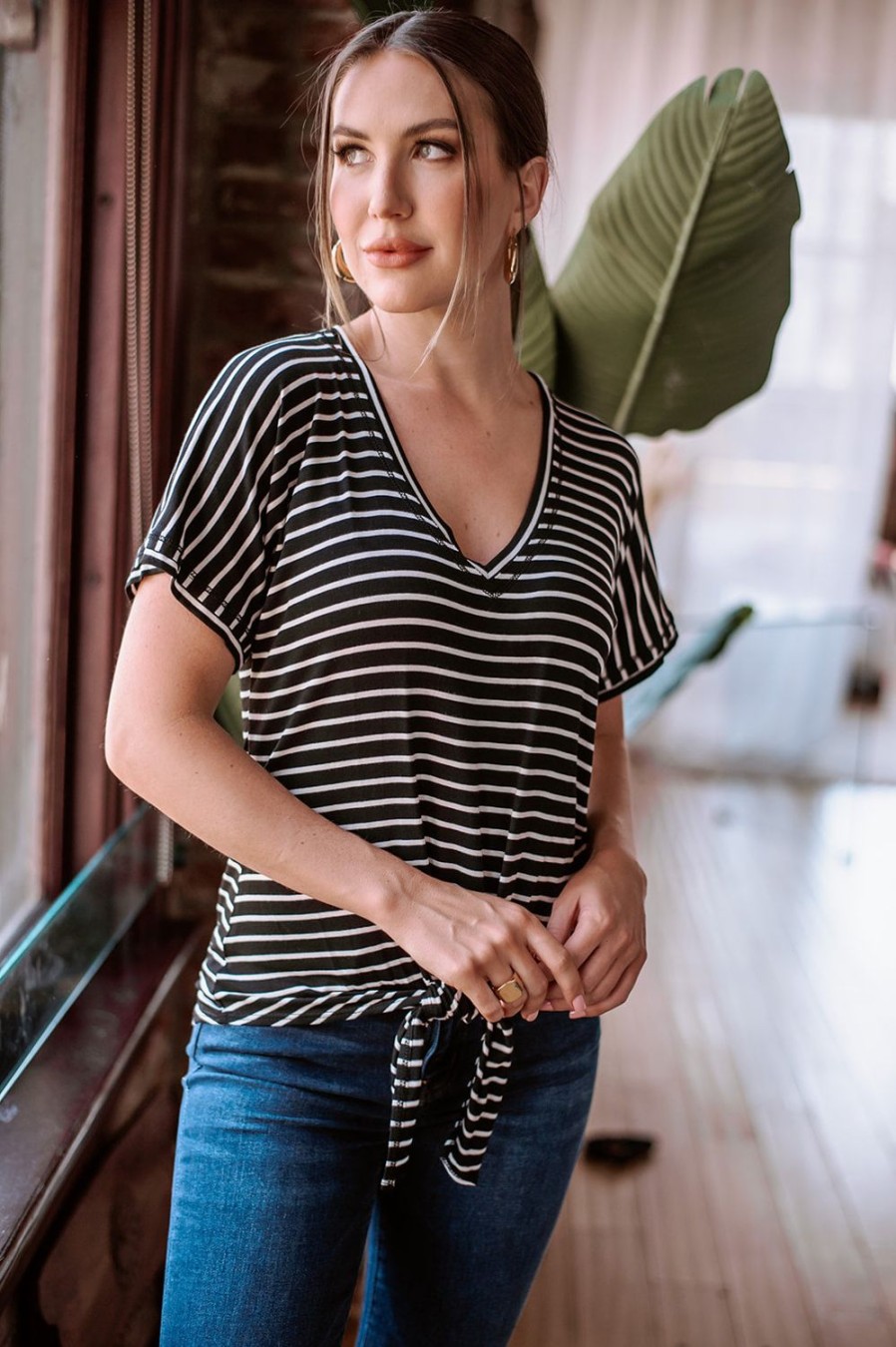 Vacation Veronica M | Black And White Stripe Tee With Front Tie