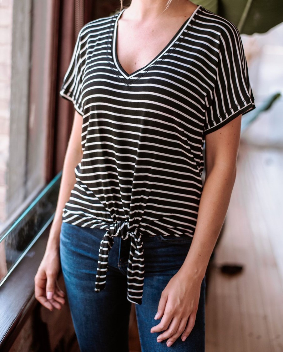 Vacation Veronica M | Black And White Stripe Tee With Front Tie