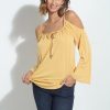 Clothing Veronica M Cupro Tops | Mustard Cupro Cold Shoulder Top