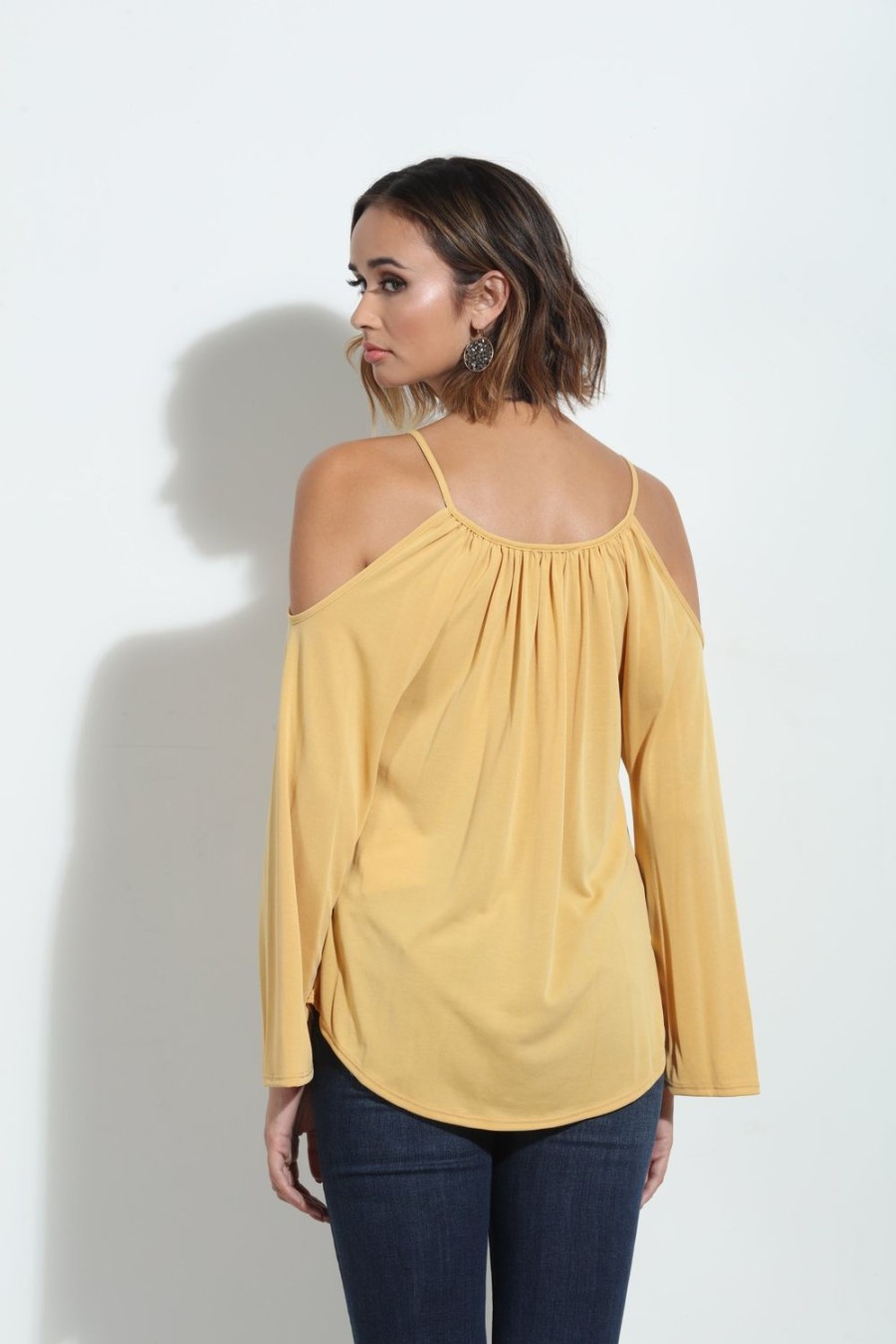 Clothing Veronica M Cupro Tops | Mustard Cupro Cold Shoulder Top