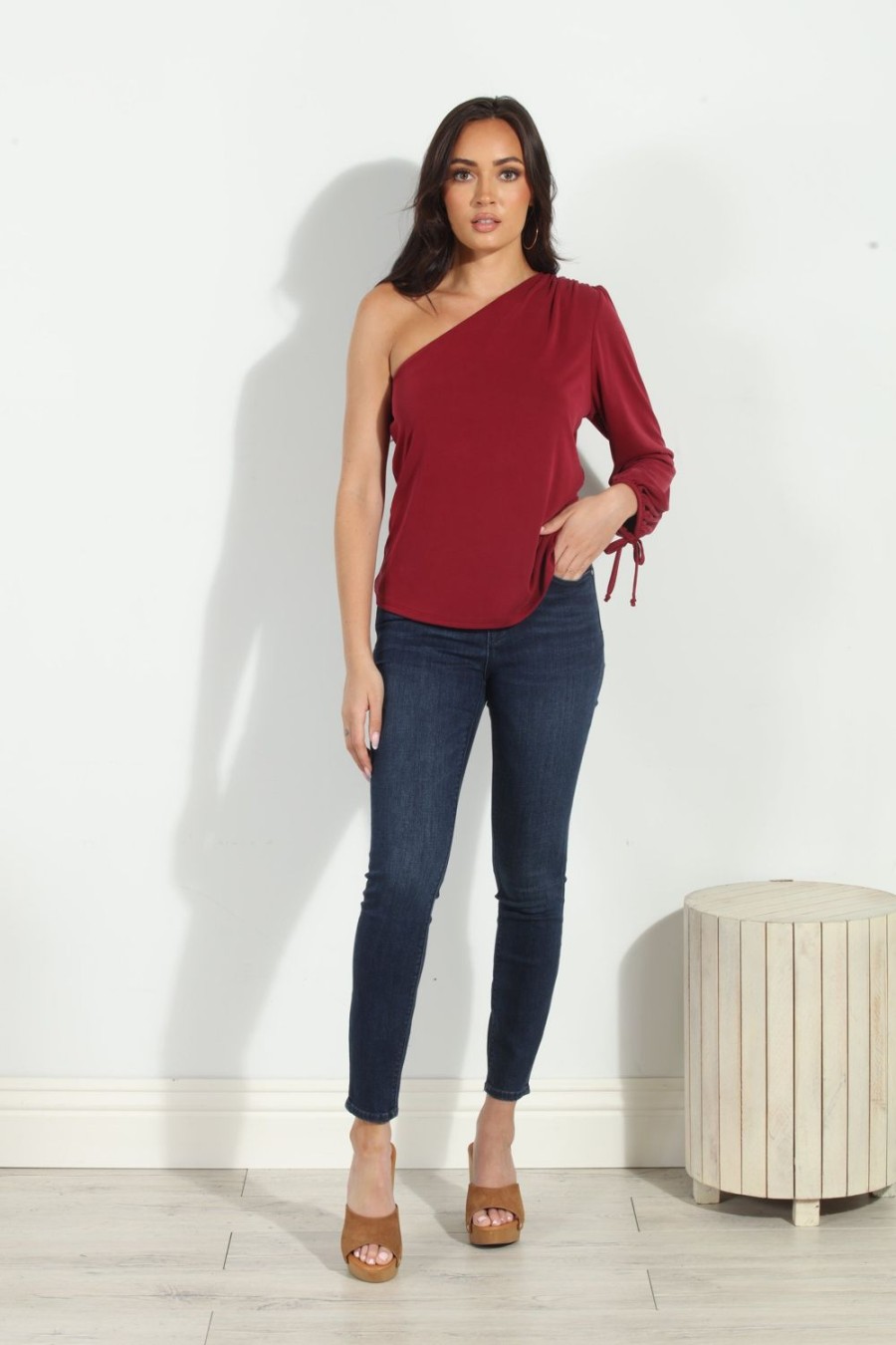 Clothing Veronica M Cupro Tops | Burgundy Cupro One Shoulder Asymmetrical Top