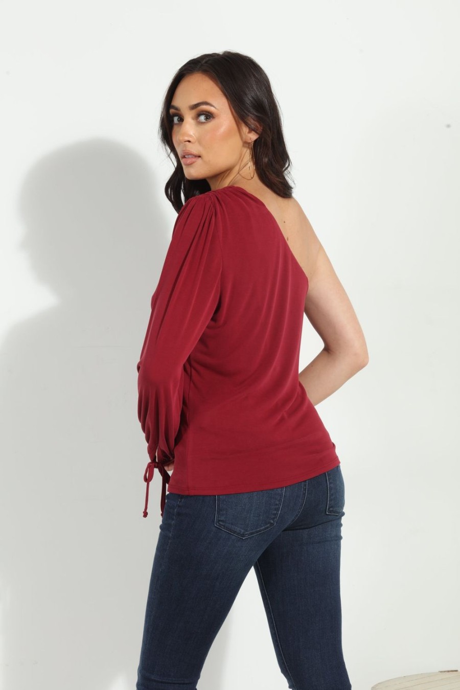 Clothing Veronica M Cupro Tops | Burgundy Cupro One Shoulder Asymmetrical Top