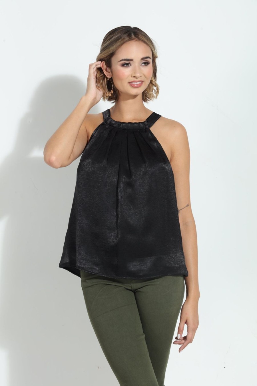 Clothing Veronica M Halter Tops | Black Heavy Satin Pleated Halter Top