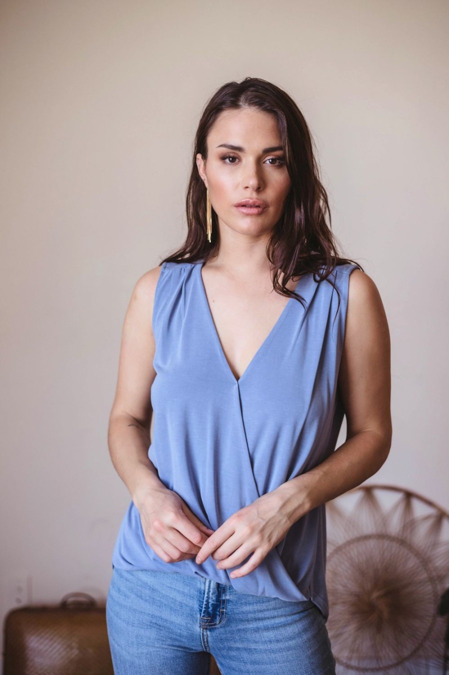 Clothing Veronica M Cupro Tops | The Everyday Cupro Surplice Tank-Denim Blue-Best Seller