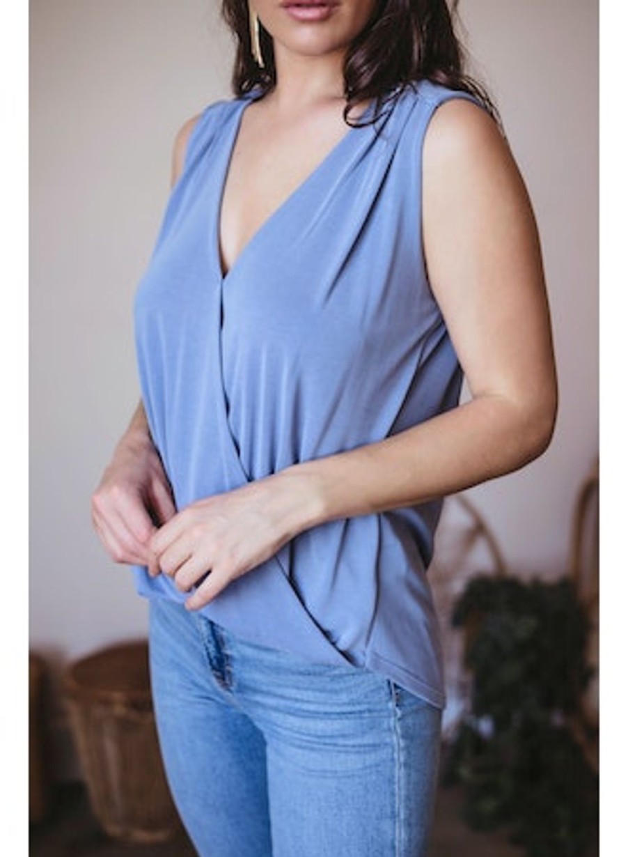 Clothing Veronica M Cupro Tops | The Everyday Cupro Surplice Tank-Denim Blue-Best Seller