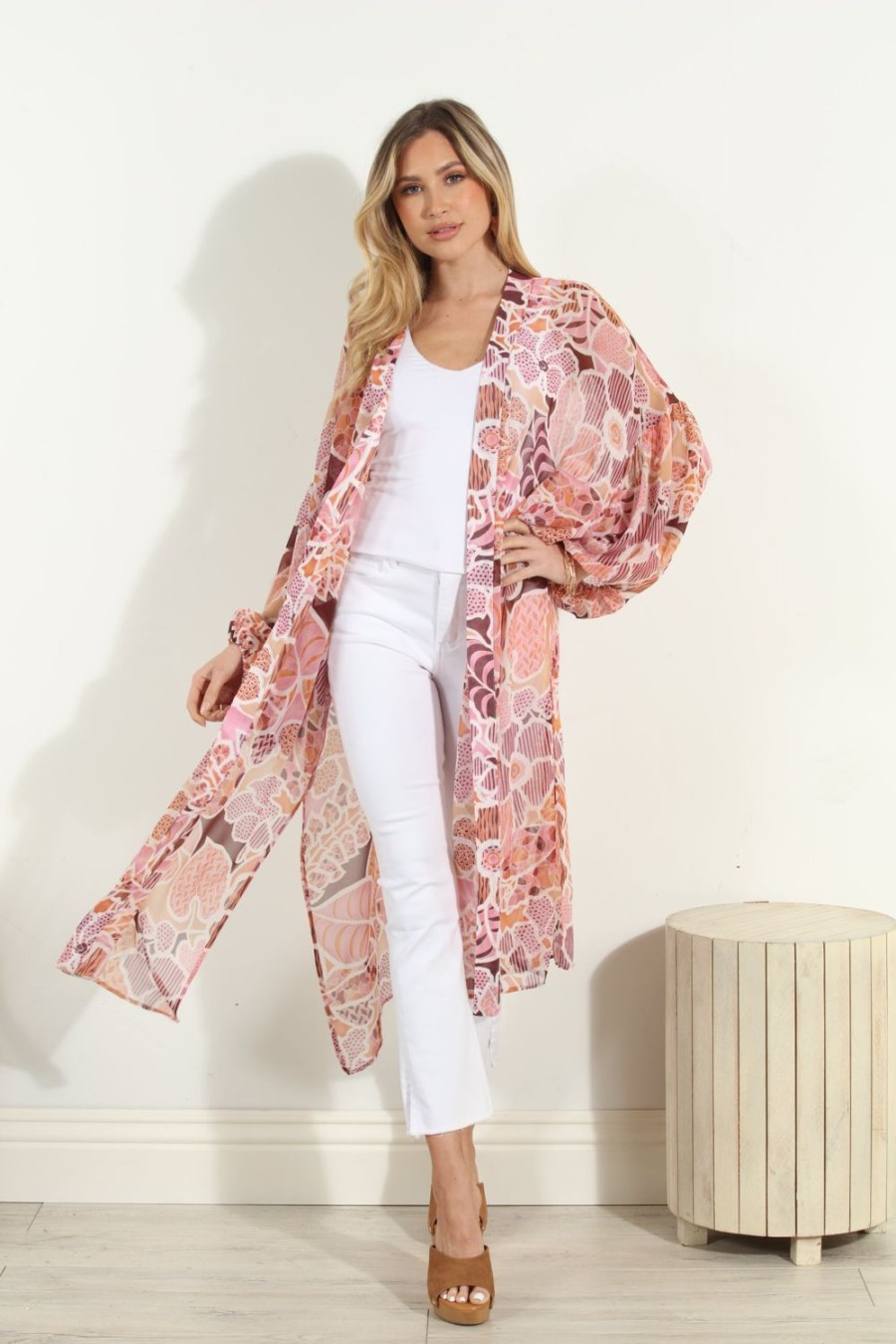 Clothing Veronica M Ponchos | Fleur Chiffon Midi Kimono