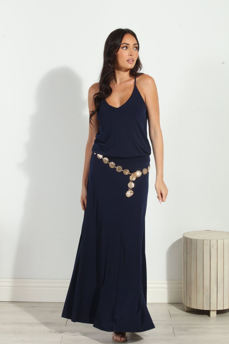 Clothing Veronica M Maxi Dresses | Navy Stretch Drop Waist Maxi Dress