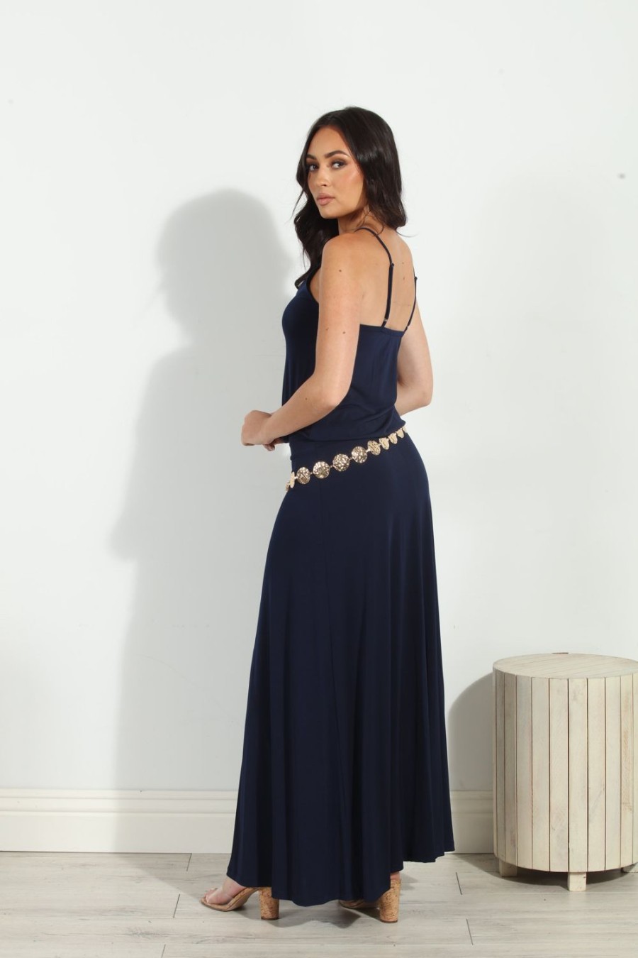 Clothing Veronica M Maxi Dresses | Navy Stretch Drop Waist Maxi Dress