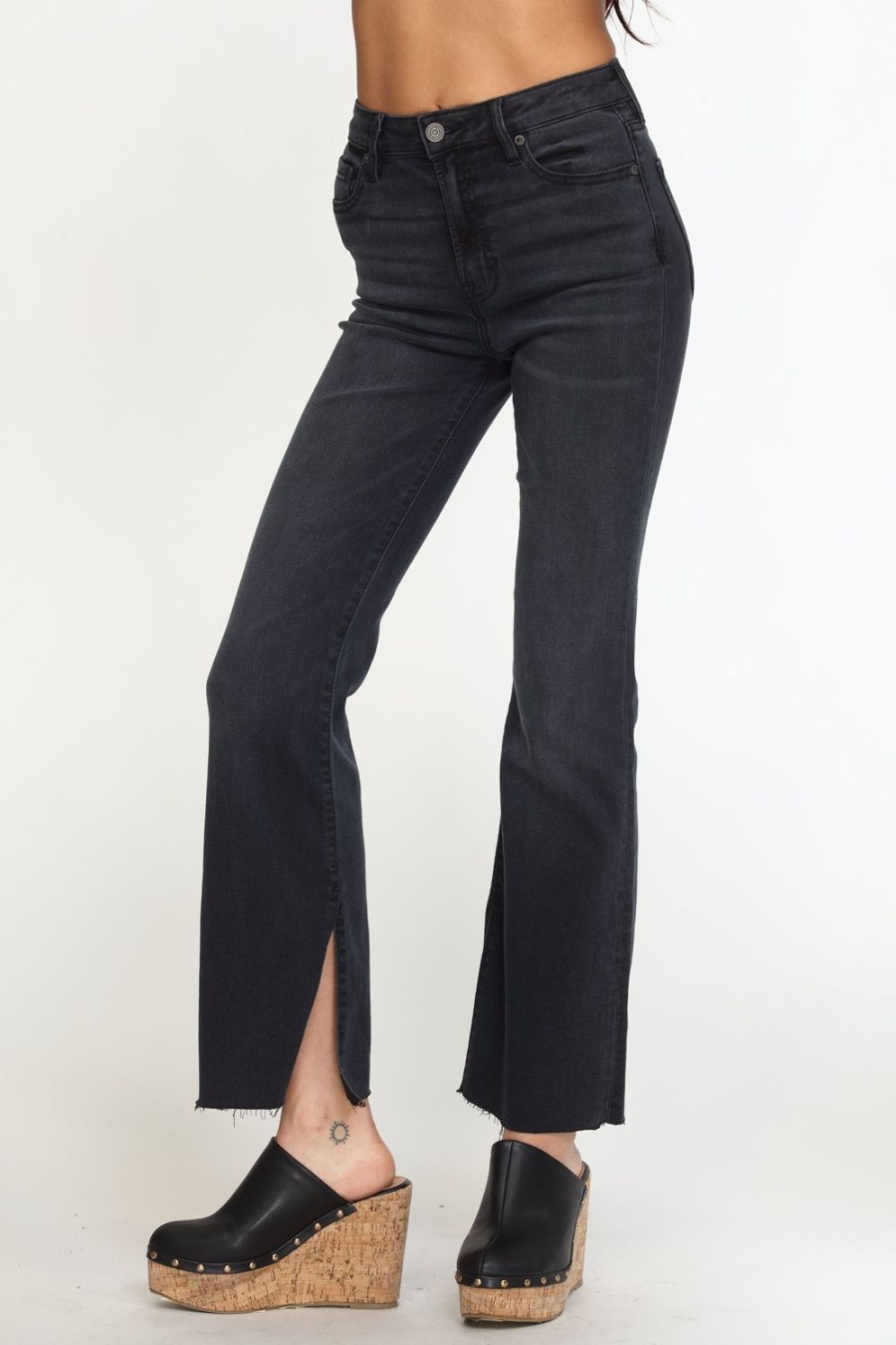 Clothing Veronica M Denim Shop | Ryan High Rise Bootcut Stretch Jeans With Slit - Charcoal/