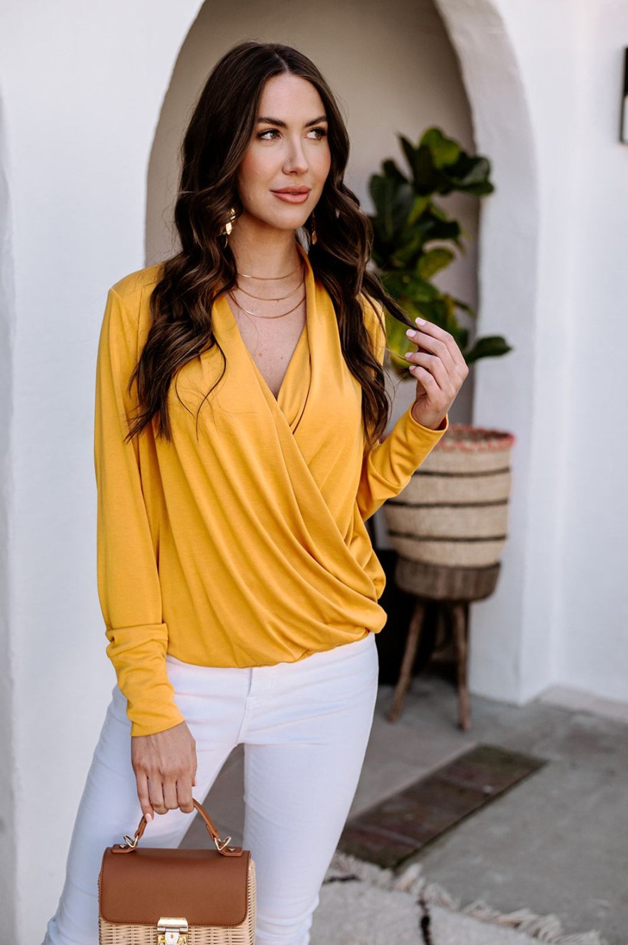 Clothing Veronica M Cupro Tops | Mustard Cupro Draped Surplice Top - Best Seller