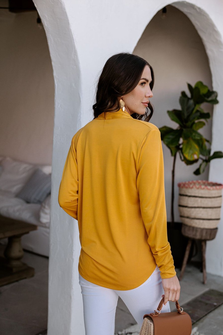 Clothing Veronica M Cupro Tops | Mustard Cupro Draped Surplice Top - Best Seller