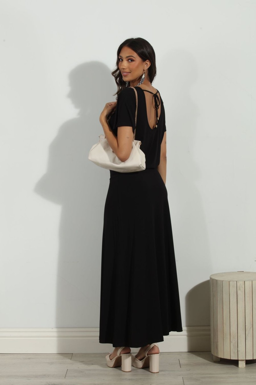 Clothing Veronica M Maxi Dresses | Black Short Sleeve Drop Waist Maxi Dress