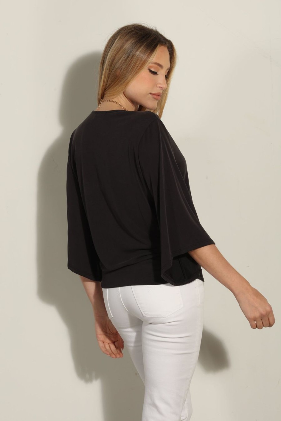 Clothing Veronica M Cupro Tops | Black Cupro Stretch Banded Kimono Top