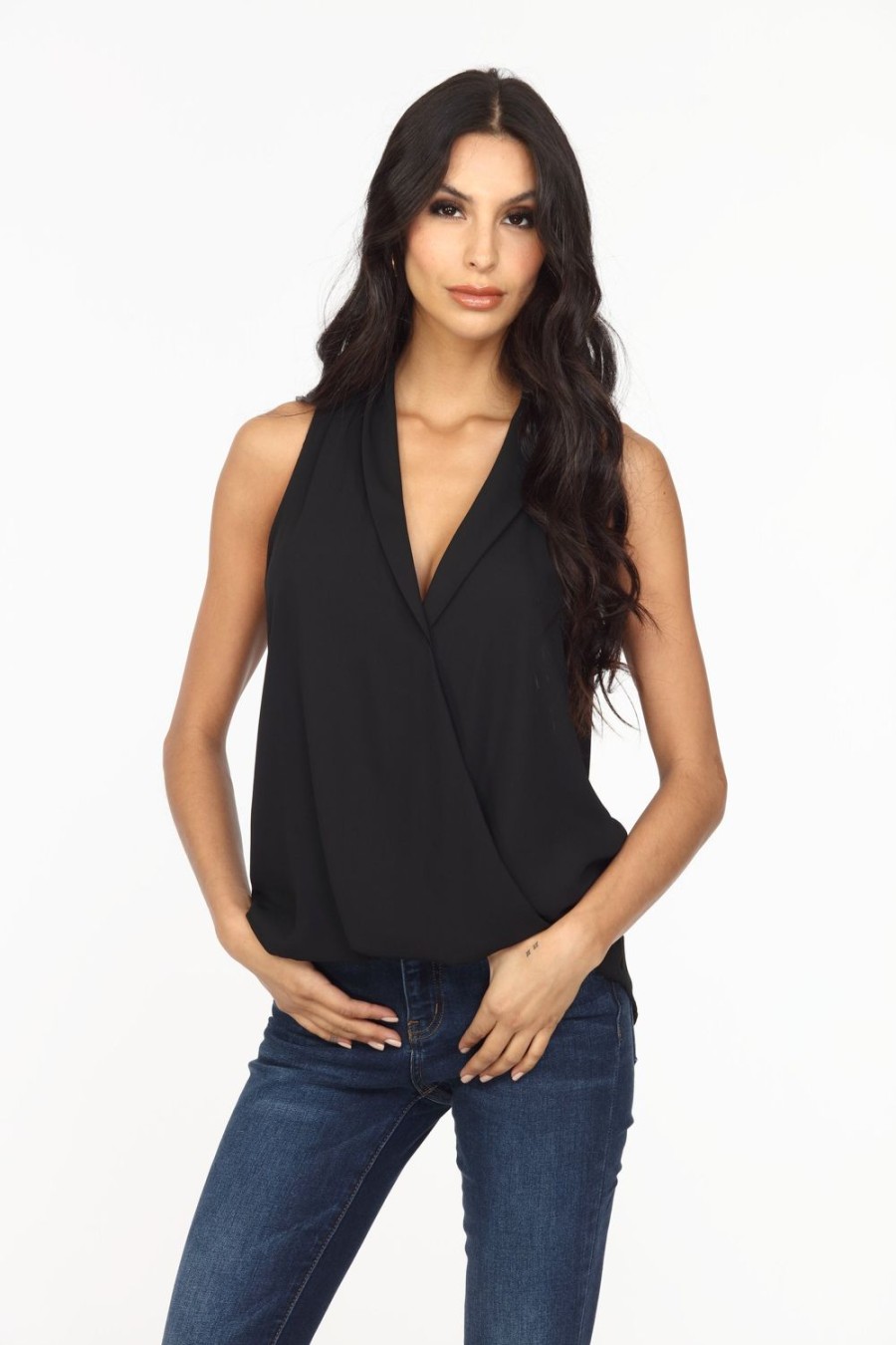 Clothing Veronica M Surplice Tops | Onyx Sleeveless Surplice Collar Top