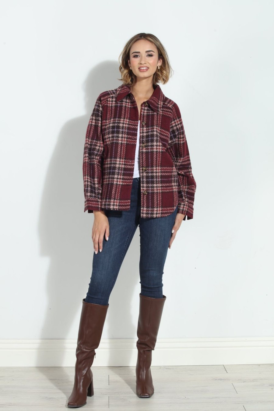 Clothing Veronica M Jackets + Blazers | Mystree Wine Plaid Shacket