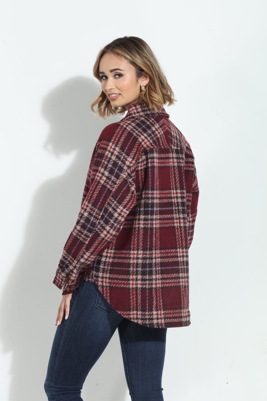 Clothing Veronica M Jackets + Blazers | Mystree Wine Plaid Shacket