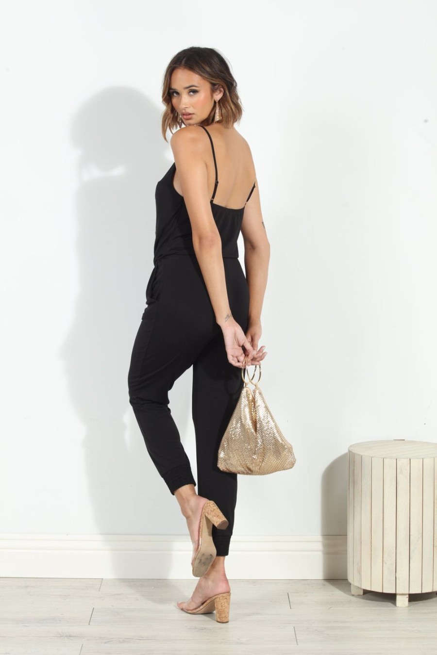 Clothing Veronica M | Black Cowl Neck Stretch Jumpsuit