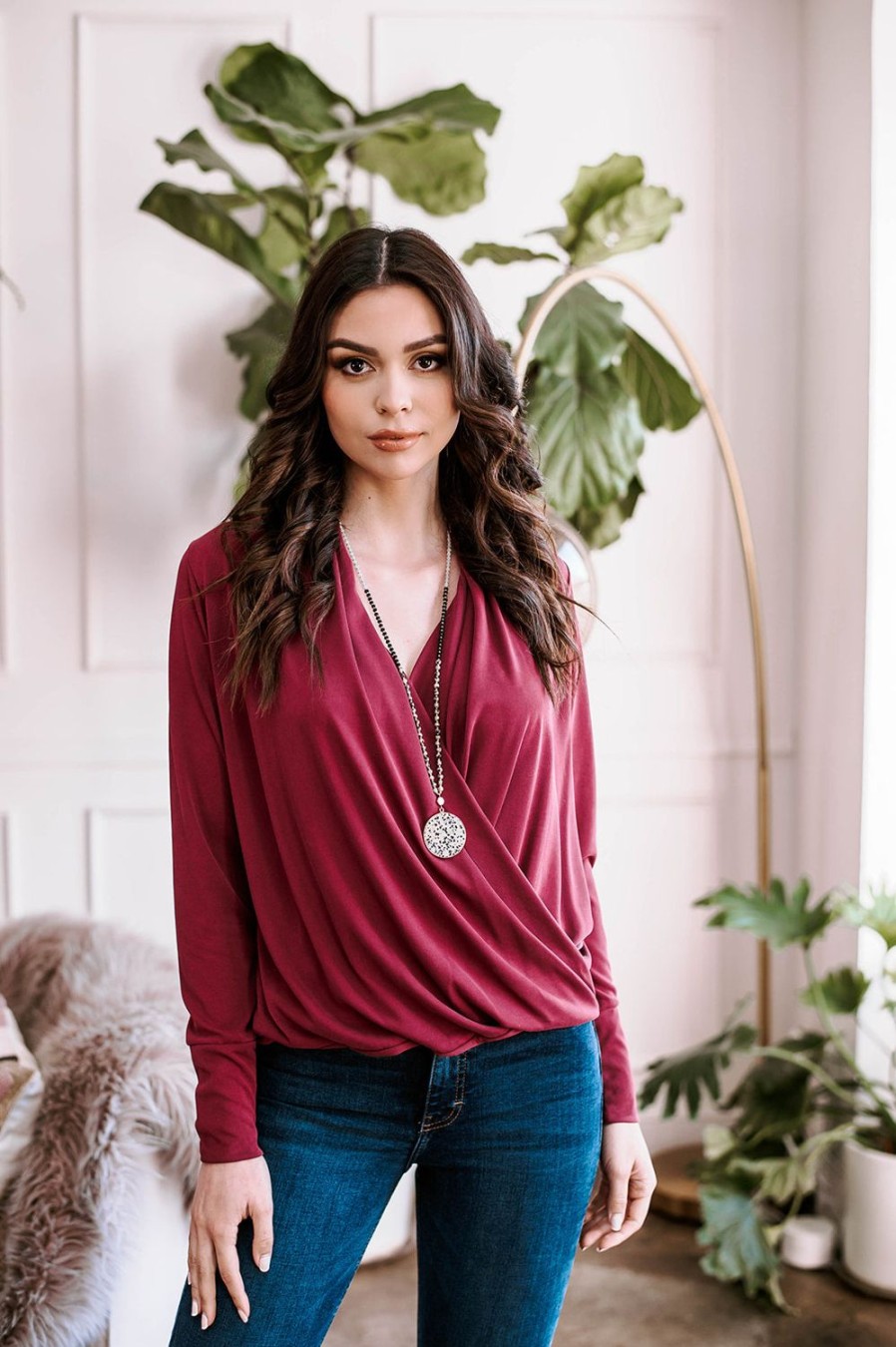 Clothing Veronica M Surplice Tops | Burgundy Draped Surplice Top-Best Seller