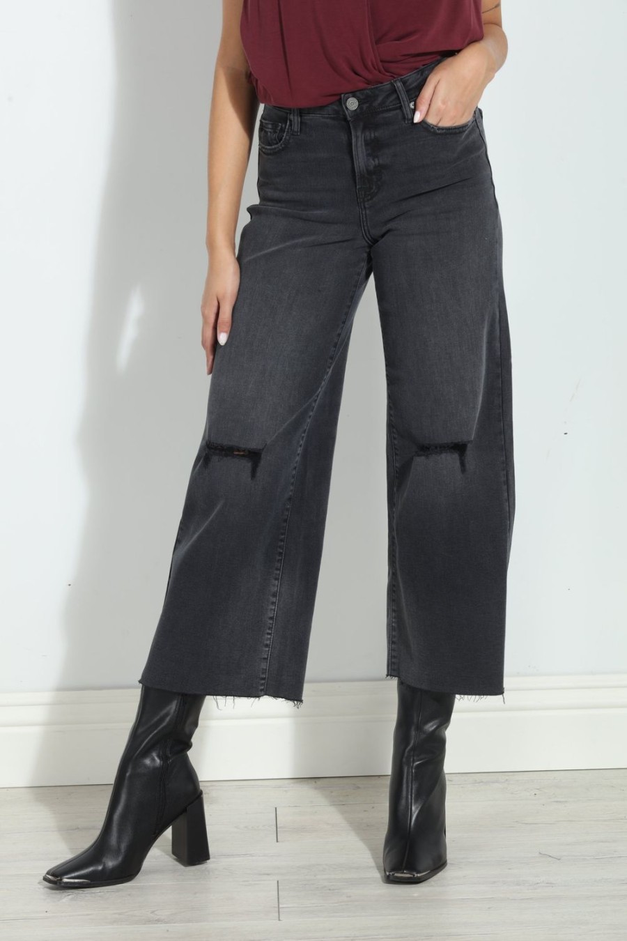 Clothing Veronica M Denim Shop | Hidden Jeans Nori Cropped Wide Leg- Charcoal