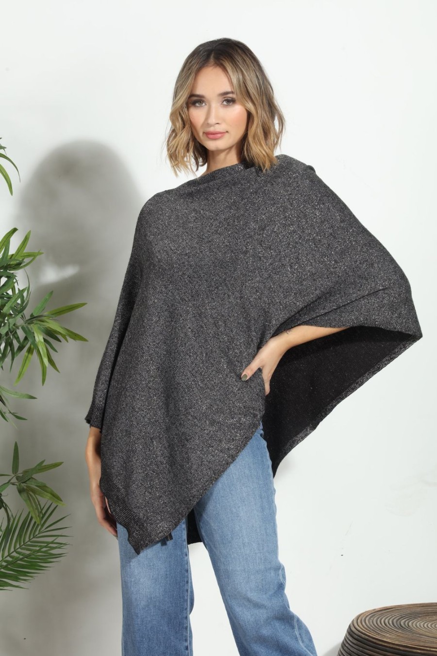 Clothing Veronica M Ponchos | Charcoal Grey With Metallic Throw On Poncho