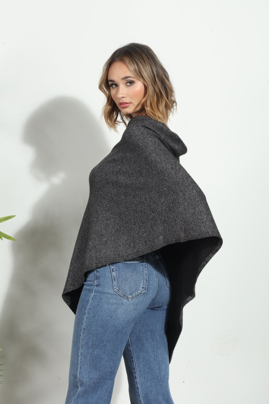 Clothing Veronica M Ponchos | Charcoal Grey With Metallic Throw On Poncho