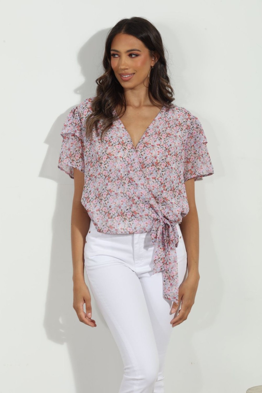 Vacation Veronica M | Augustine Short Sleeve Flutter Wrap Blouse