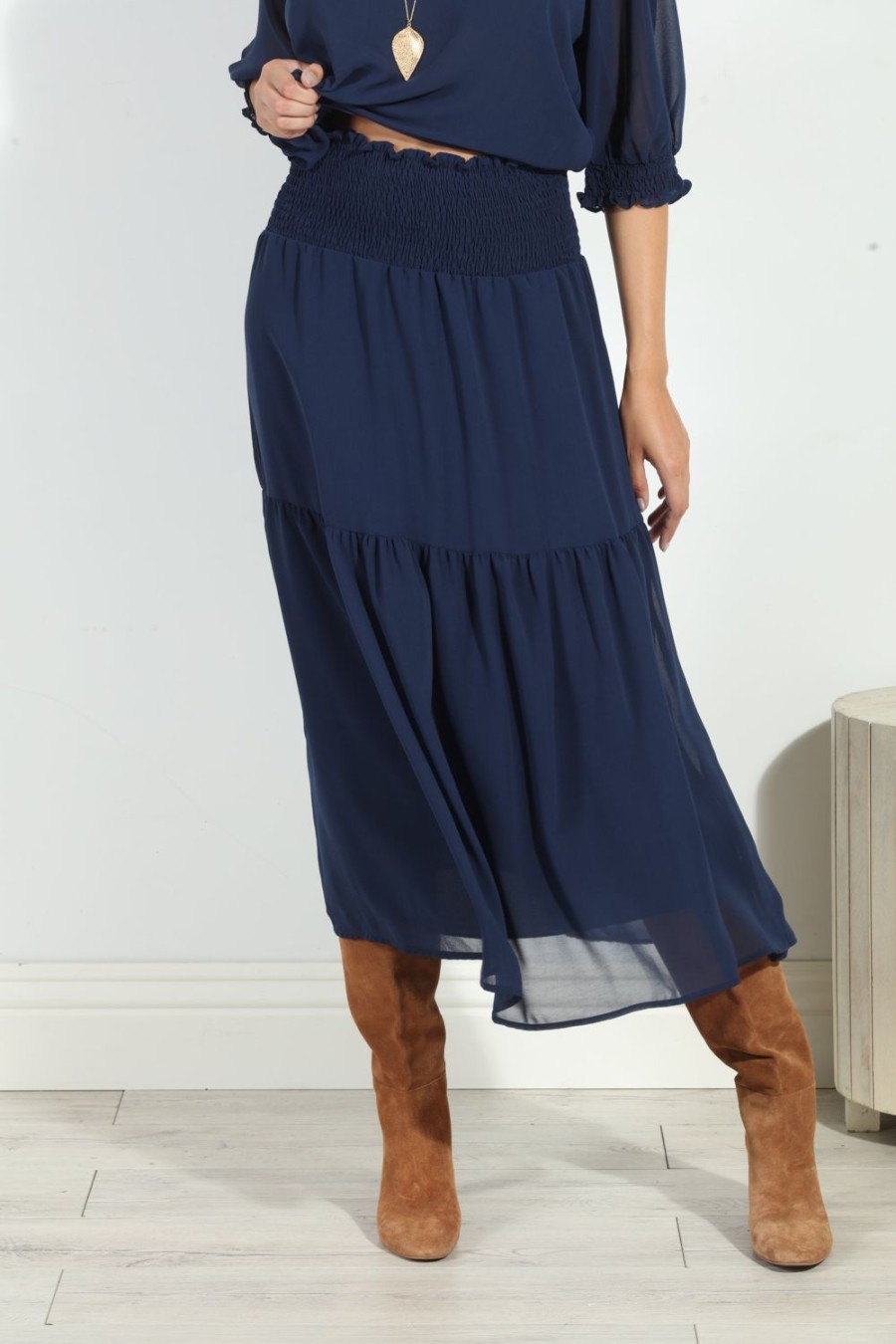 Clothing Veronica M Skirts | Navy Chiffon Midi Skirt