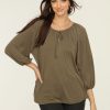 Clothing Veronica M Cupro Tops | Olive Cupro Stretch Split Neck Top